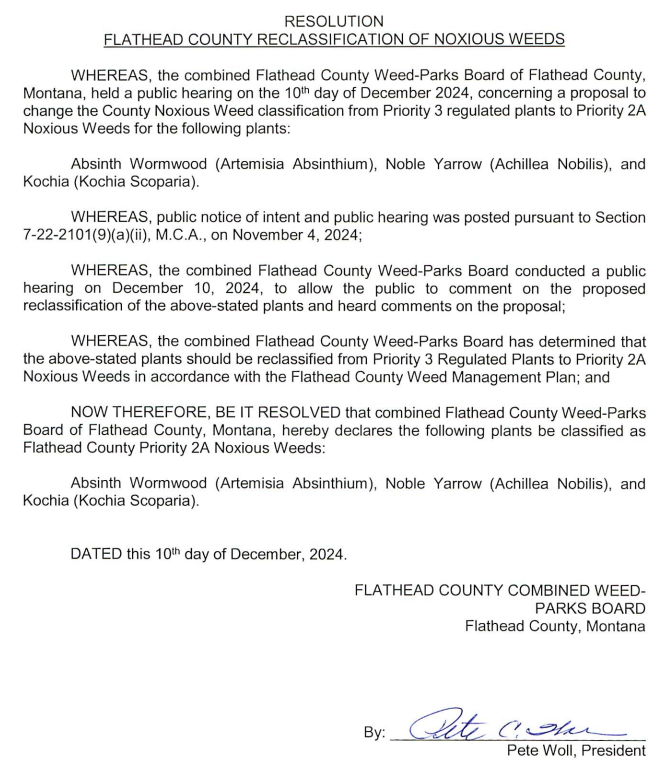 Resolution Flathead County Reclassification of Noxious Weeds