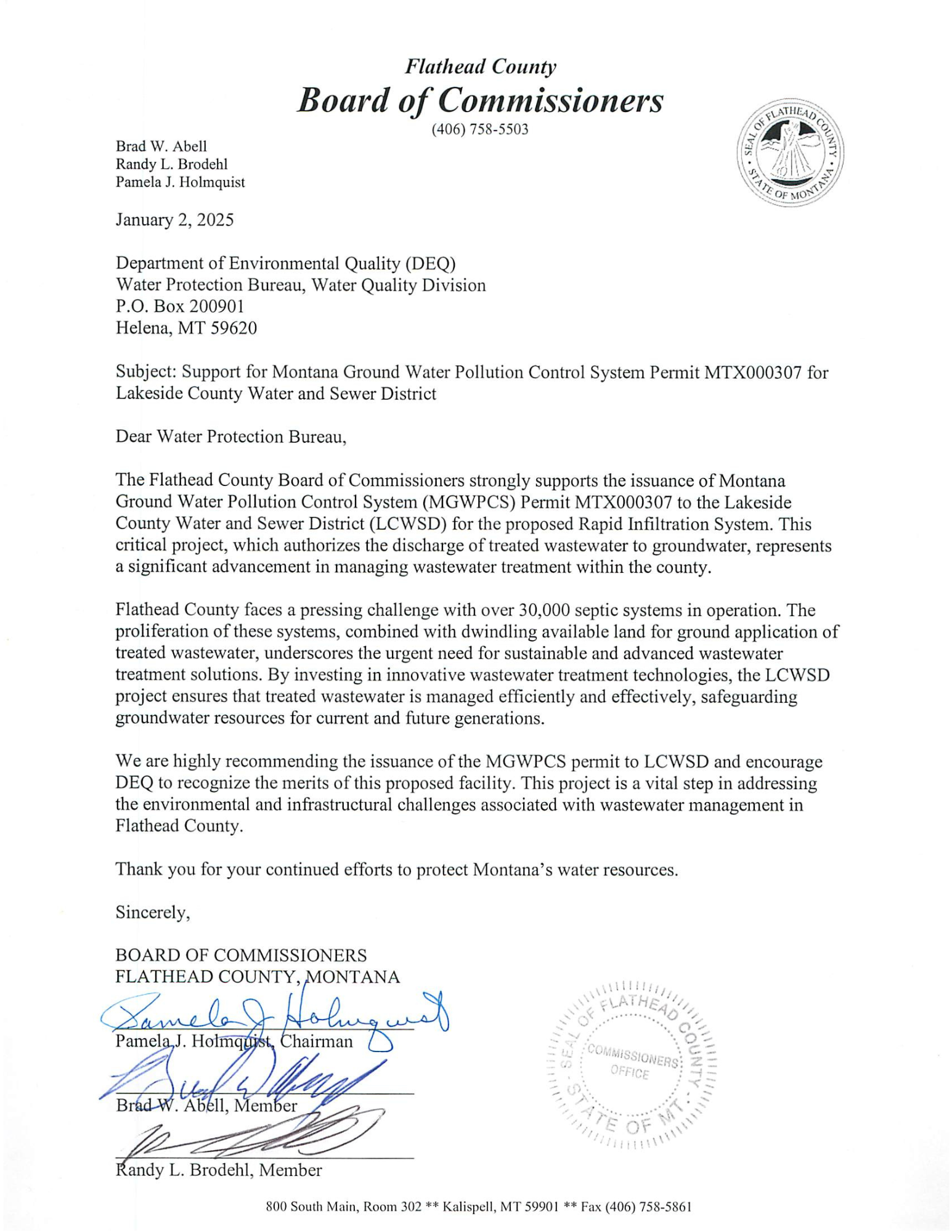 Letter of Support for Lakeside's Wastewater Solution